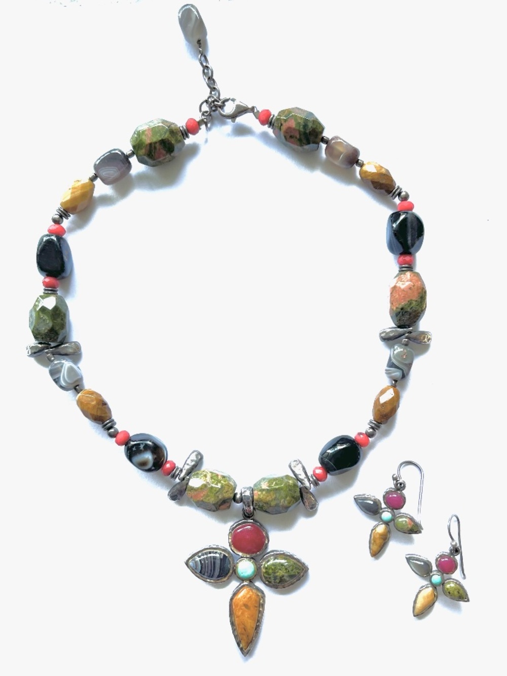 VINTAGE BARSE 925 Sterling Silver MULTI GEMSTONE Cross Necklace & Earrings SET